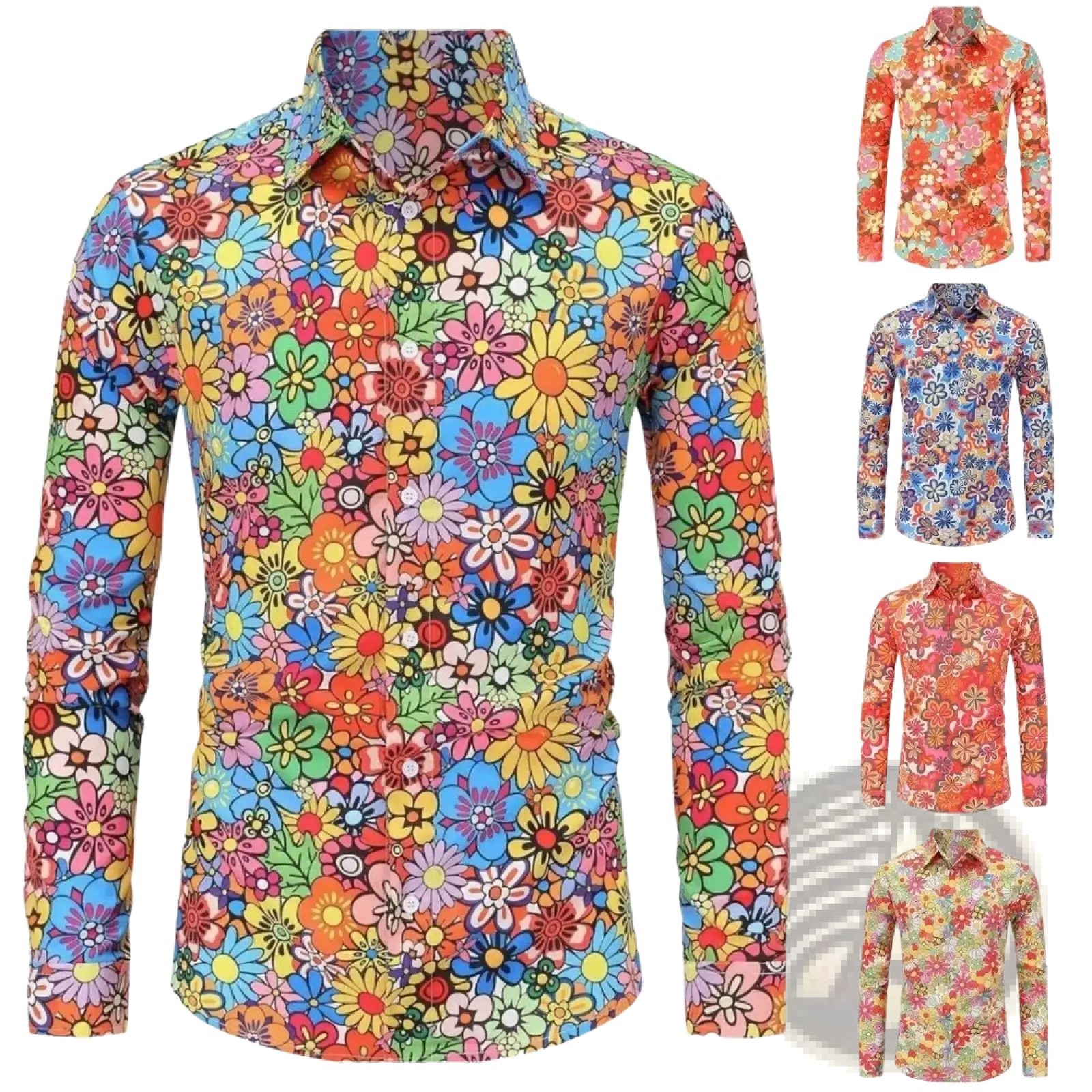 Men retro floral long sleeve button up shirt with vibrant psychedelic blue yellow pink and orange floral pattern
