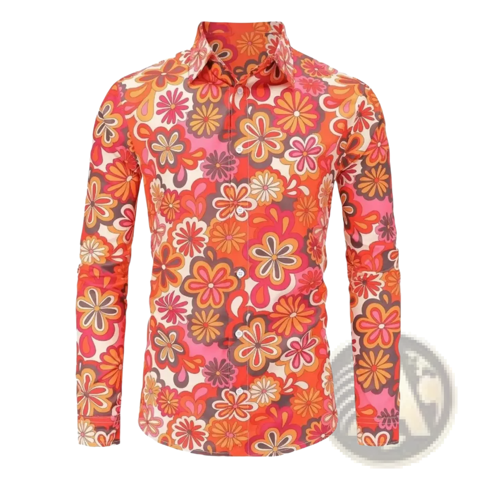 Men retro floral long sleeve button up shirt with vibrant orange pink and cream retro floral pattern