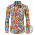 Men retro floral long sleeve button up shirt with vibrant psychedelic floral pattern in rainbow hues of pink yellow blue and green