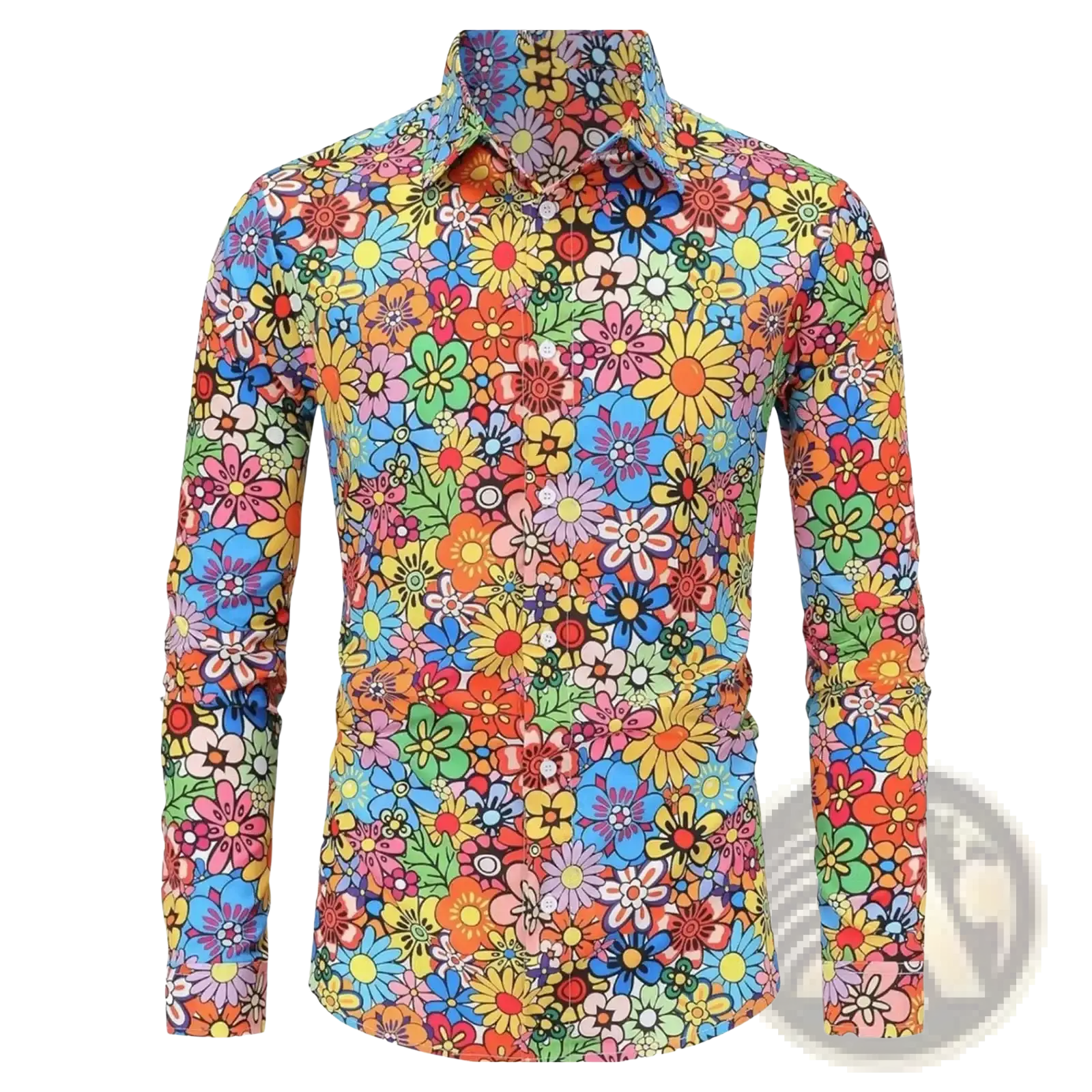 Men retro floral long sleeve button up shirt with vibrant psychedelic floral pattern in rainbow hues of pink yellow blue and green