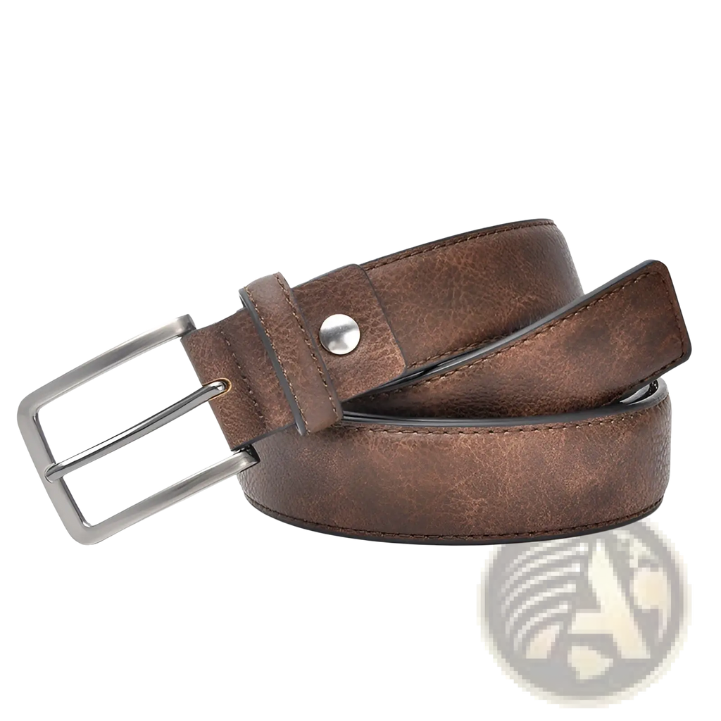 Men retro leather belt featuring a brown leather strap with a silver toned pin buckle