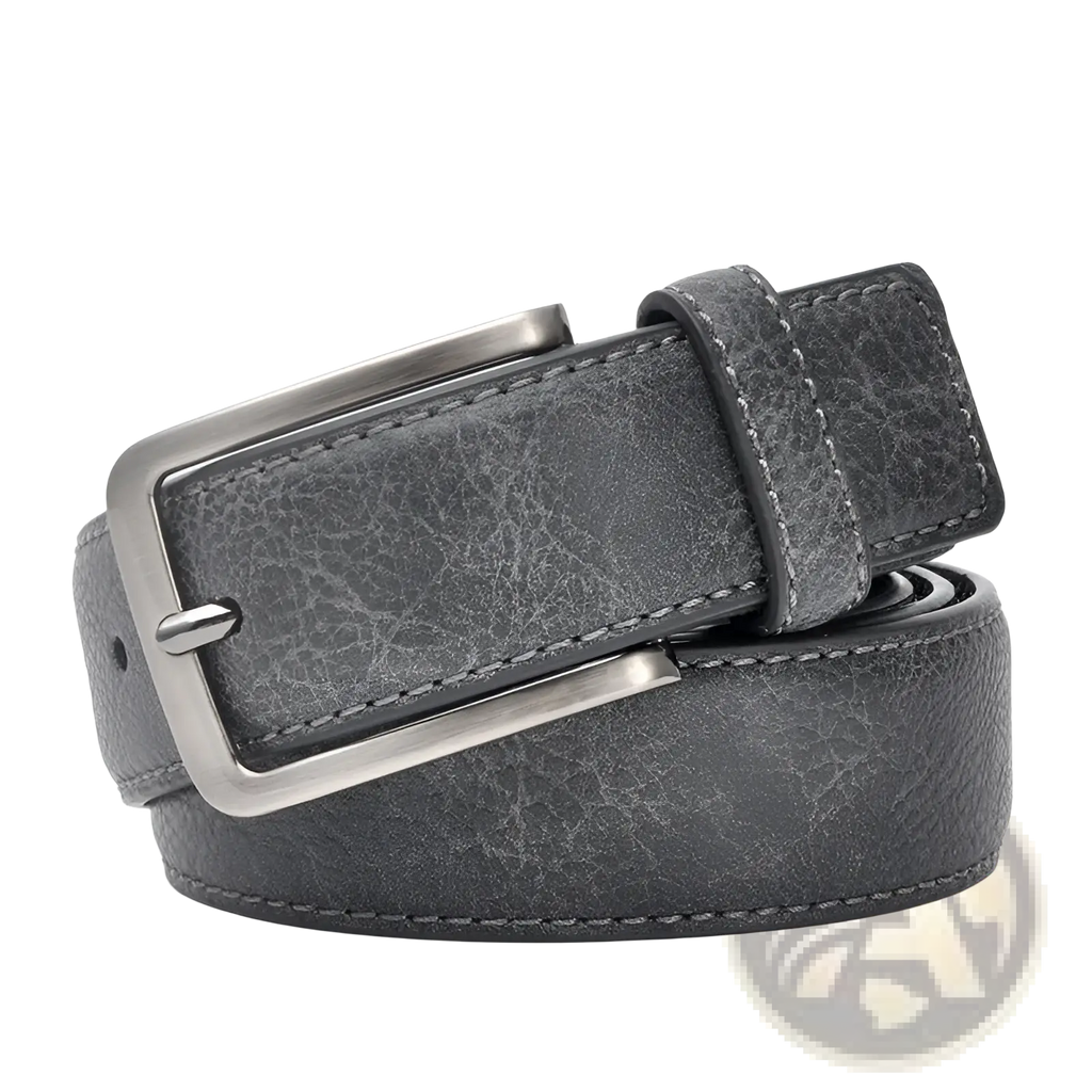 Men retro leather belt with dark gray textured leather and a silver-toned rectangular pin buckle