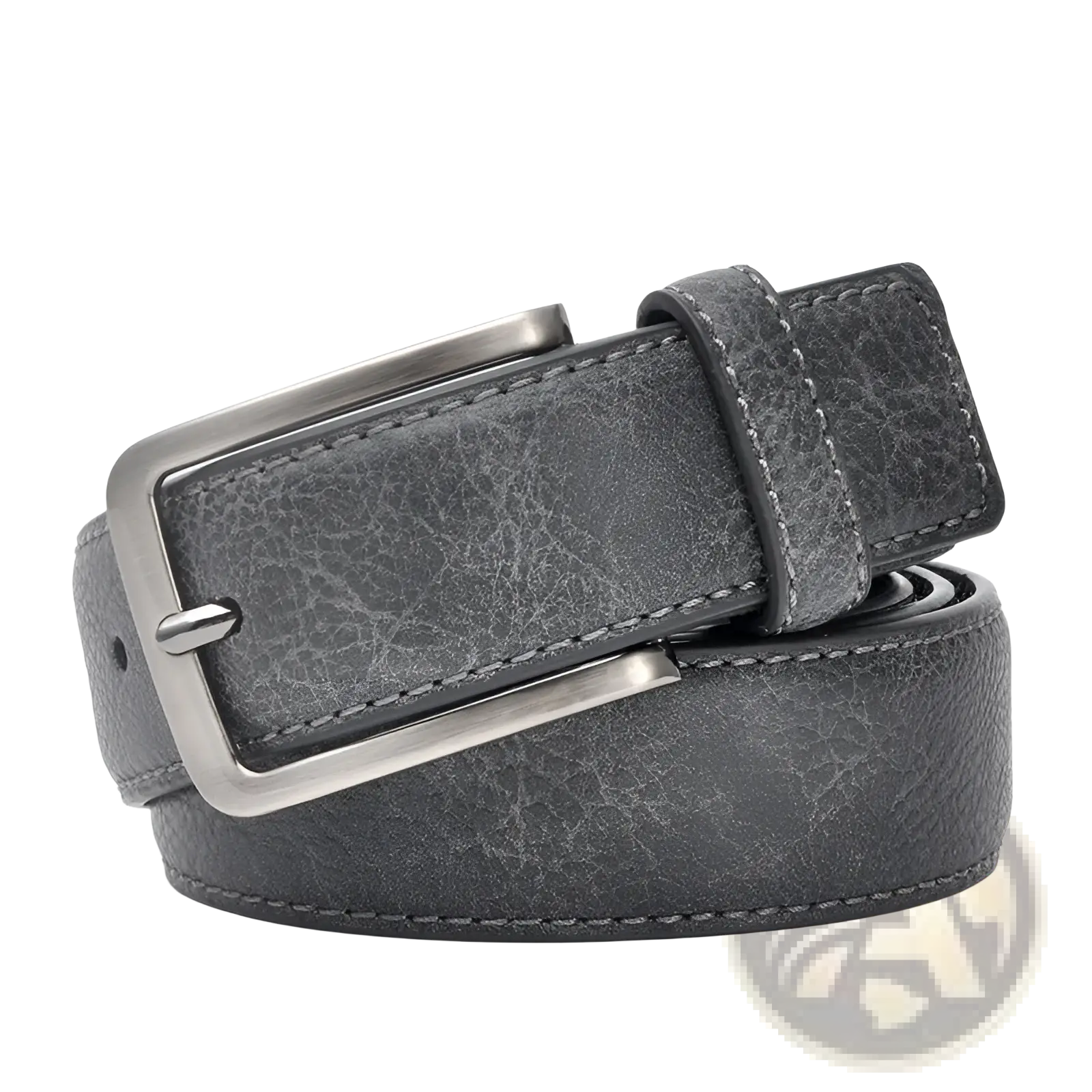 Men retro leather belt with dark gray textured leather and a silver-toned rectangular pin buckle