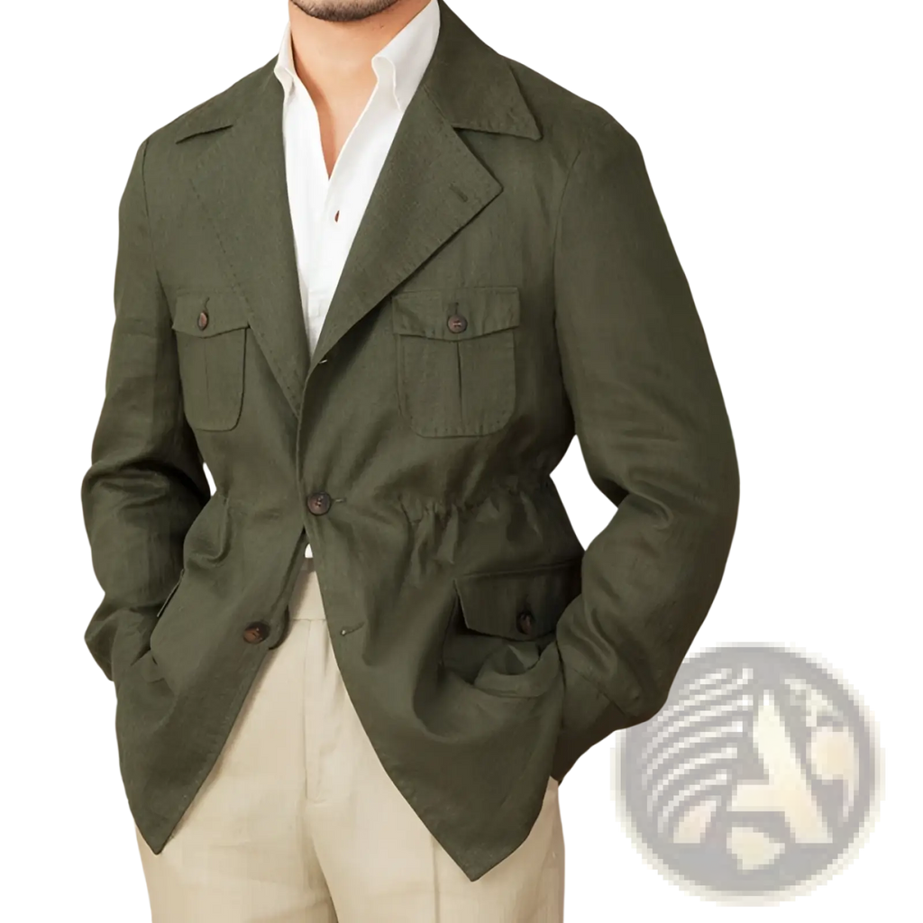 Olive green linen blazer with buttoned flap pockets and drawstring waist men retro casual suit jacket