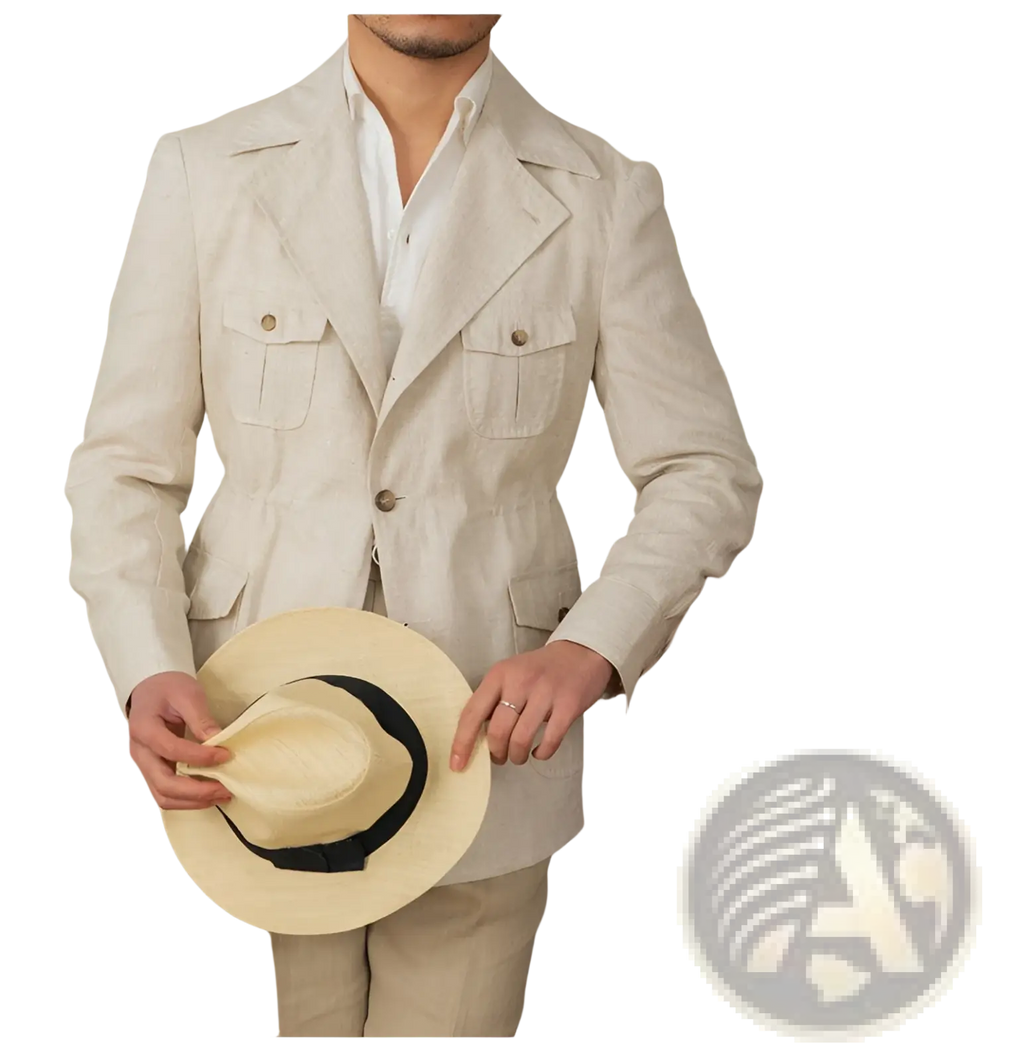 Beige straw fedora with black band displayed alongside men retro linen blazer casual suit jacket for stylish wear
