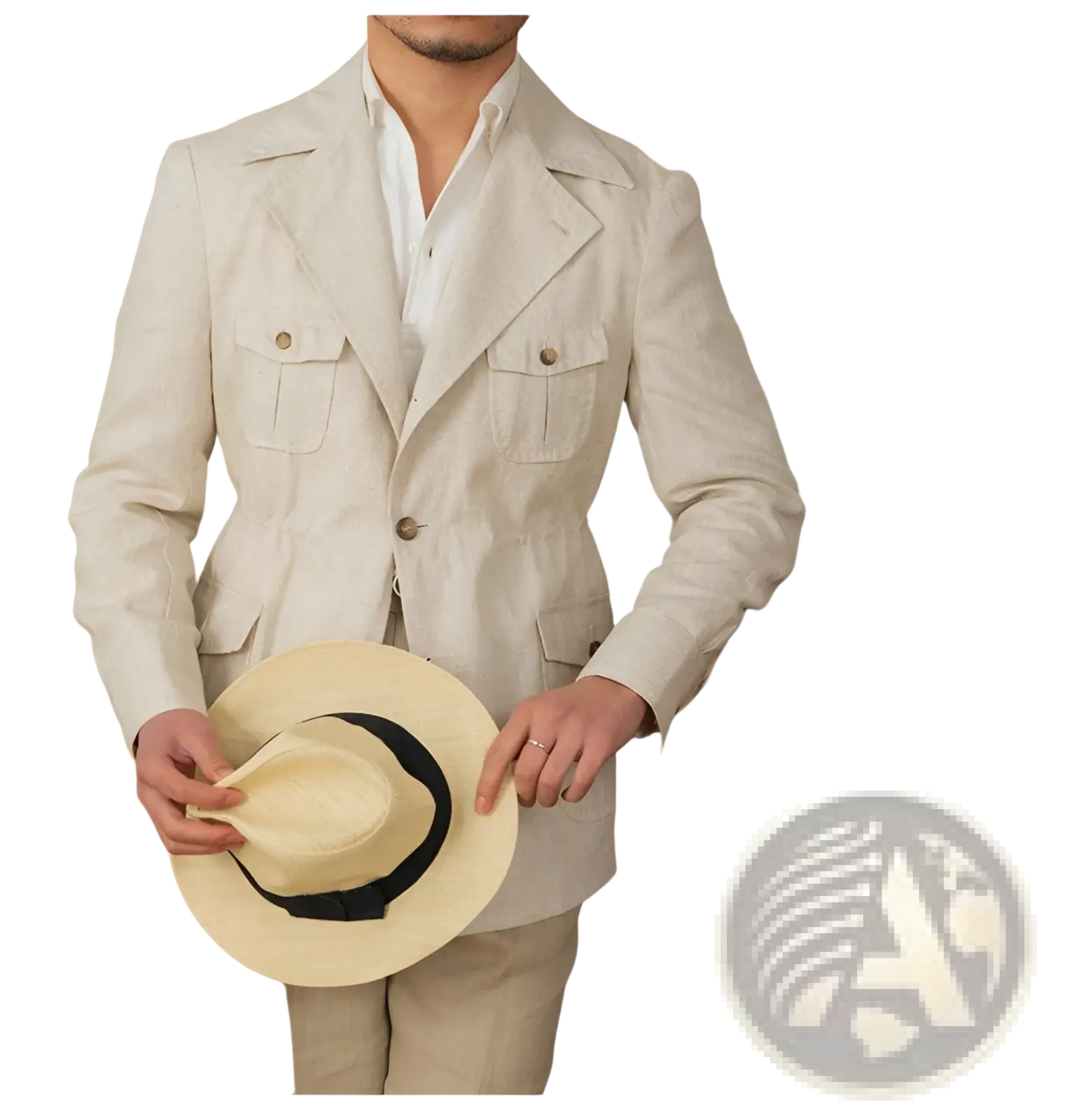 Beige straw fedora with black band displayed alongside men retro linen blazer casual suit jacket for stylish wear