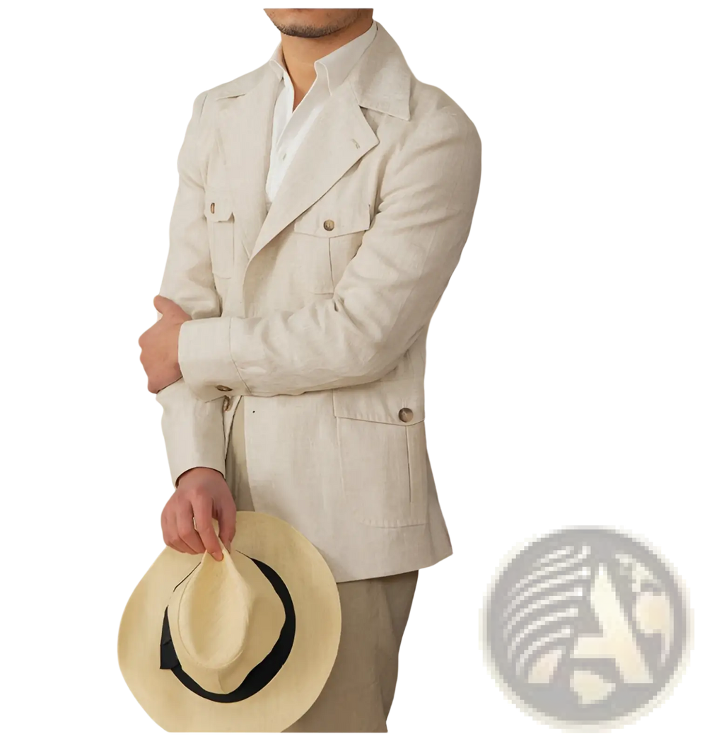 Beige straw fedora with black ribbon band paired with men retro linen blazer casual suit jacket for stylish wear