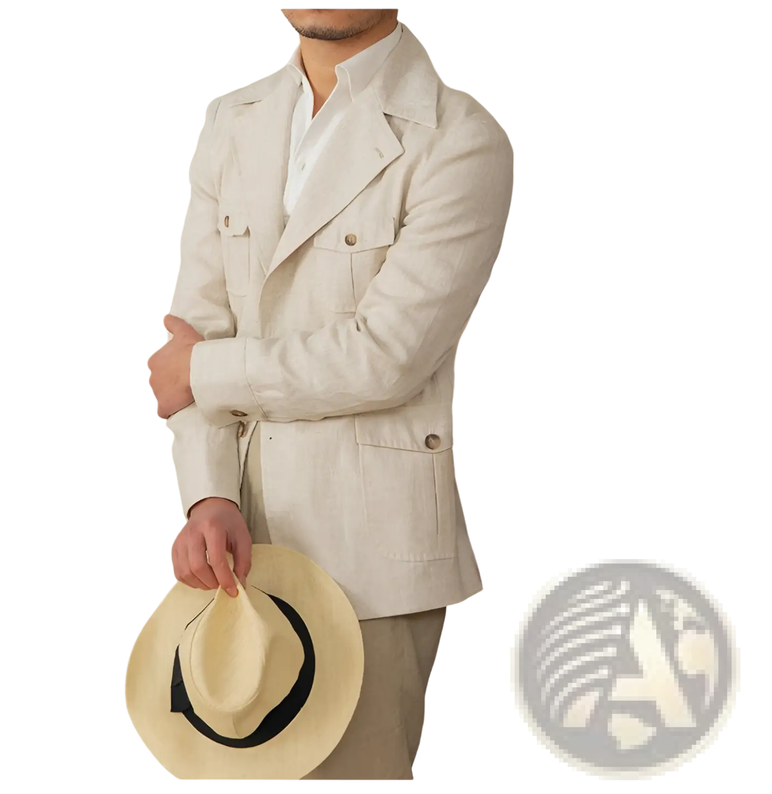 Beige straw fedora with black ribbon band paired with men retro linen blazer casual suit jacket for stylish wear