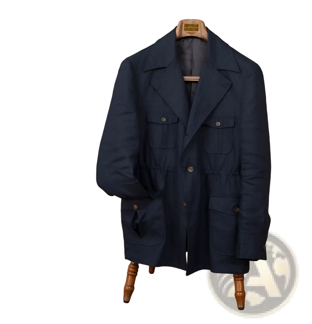 Men retro linen blazer casual suit jacket in dark navy woolen with buttoned flap pockets and belted waist