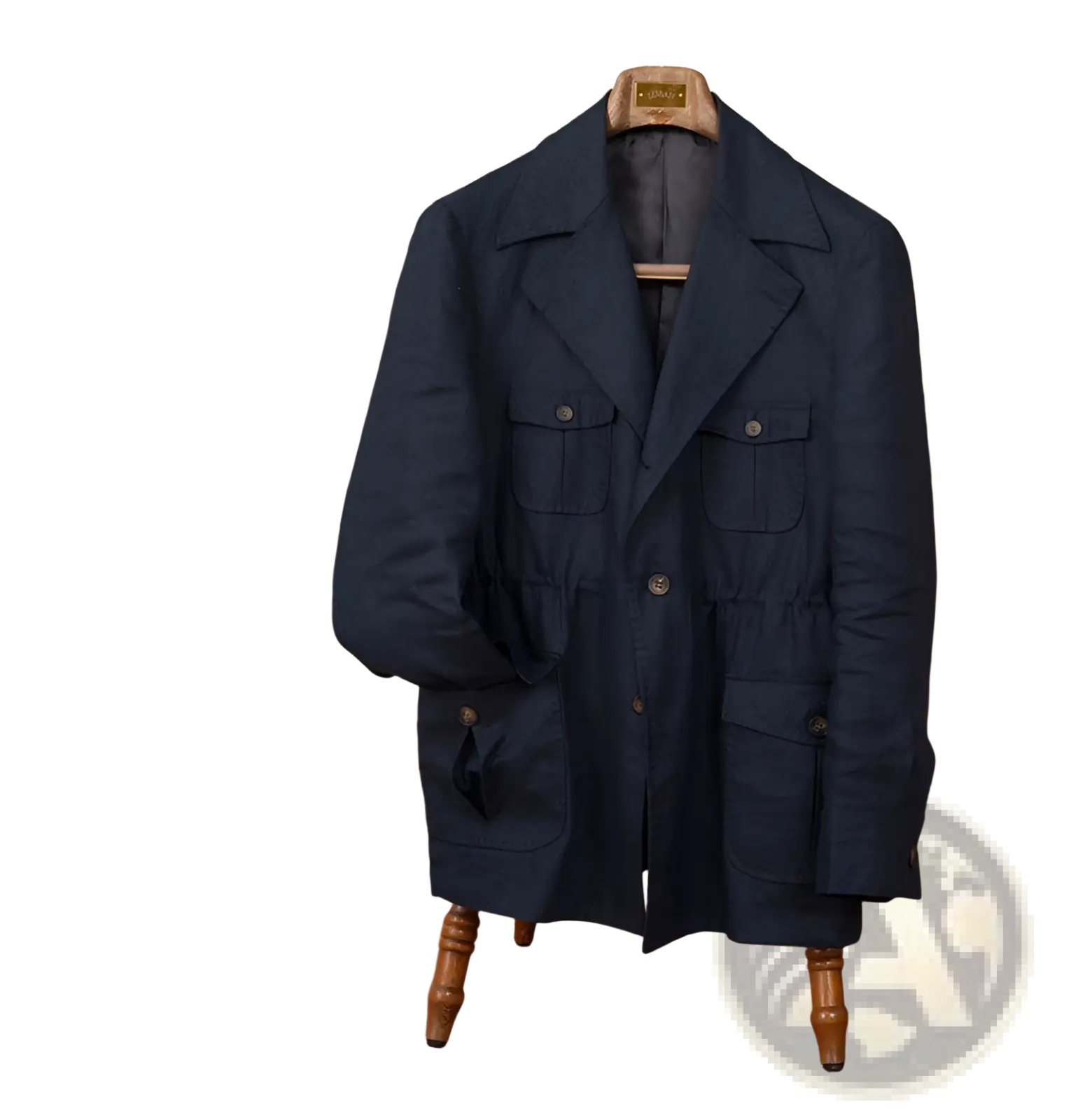 Men retro linen blazer casual suit jacket in dark navy woolen with buttoned flap pockets and belted waist