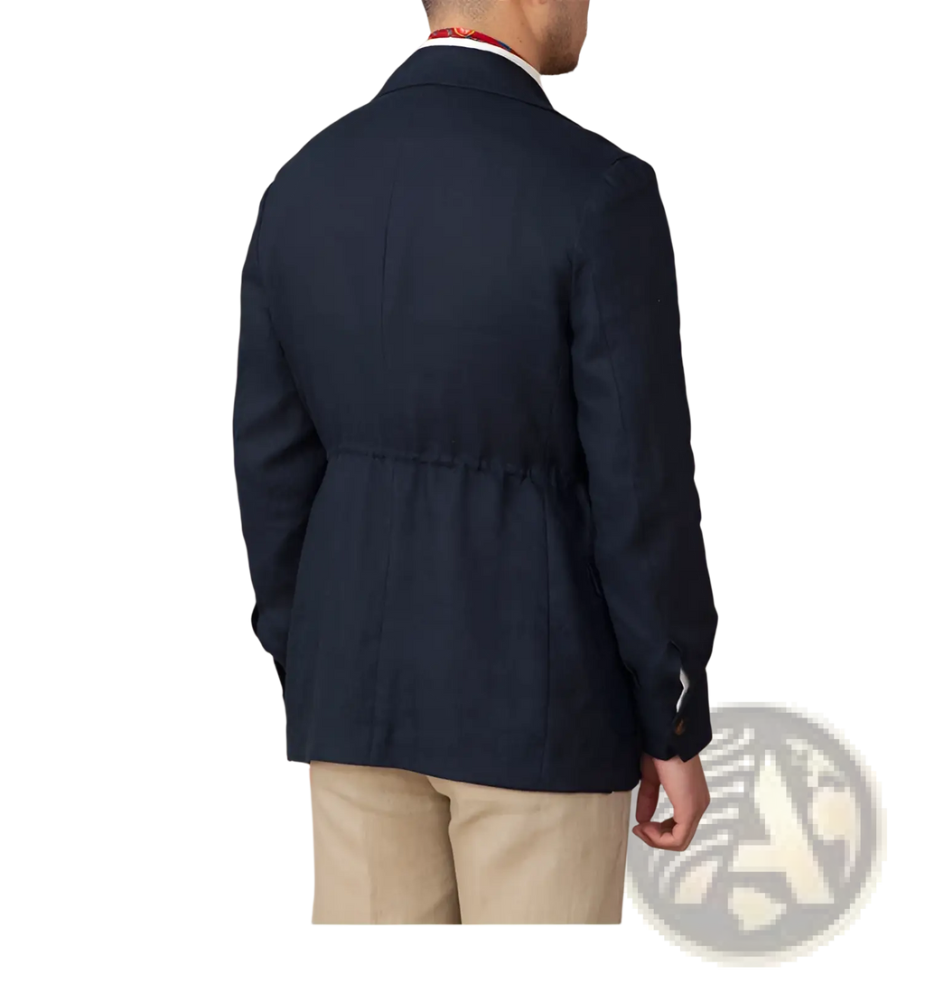 Navy blue linen men’s retro blazer with subtle texture and drawstring waistband for casual suit wear