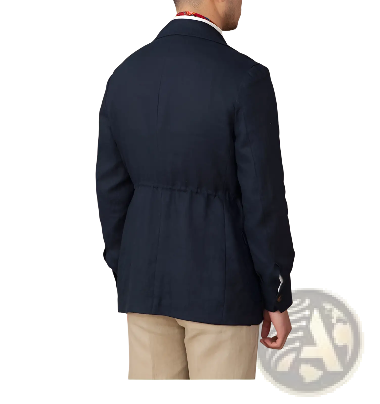 Men retro linen blazer navy blue with subtle texture and drawstring waistband casual suit jacket