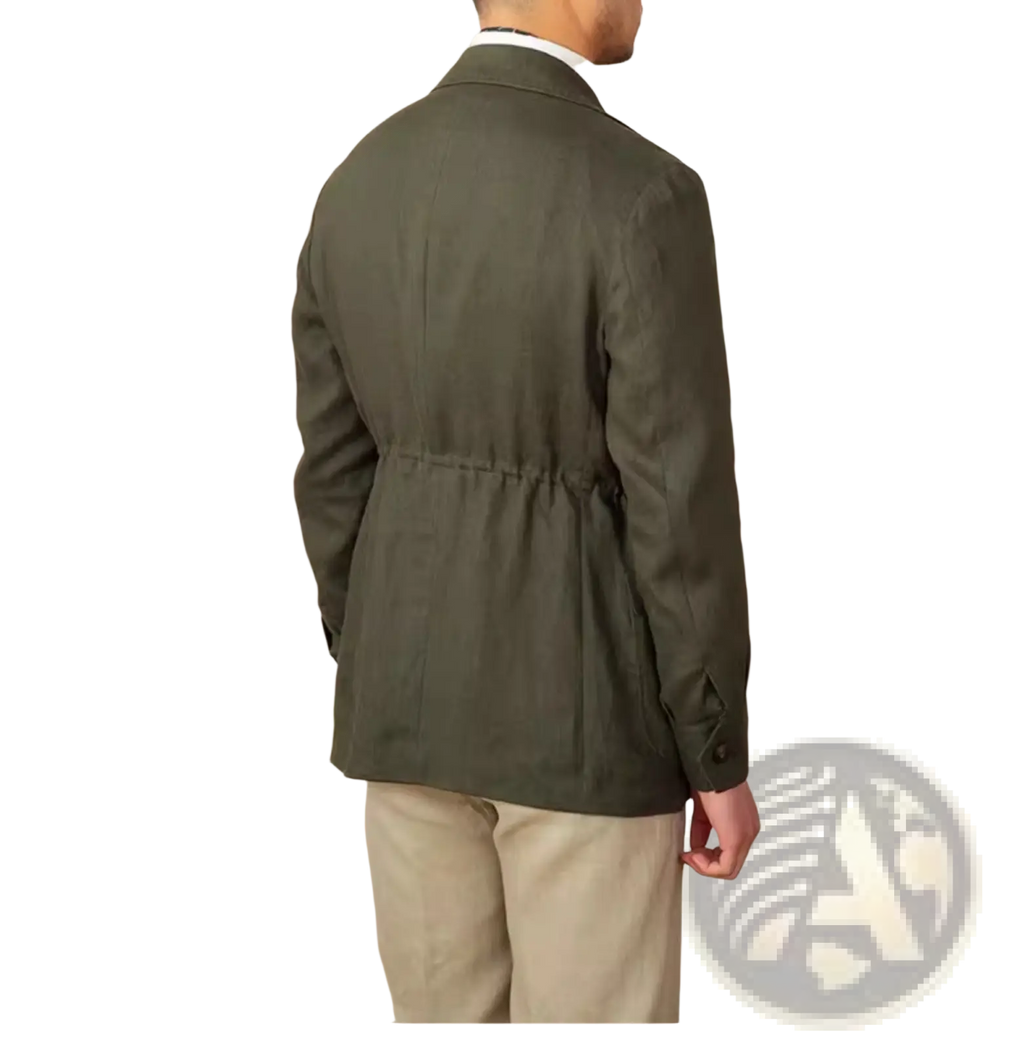 Men retro olive green linen blazer with drawstring waistband casual suit jacket for relaxed formal wear