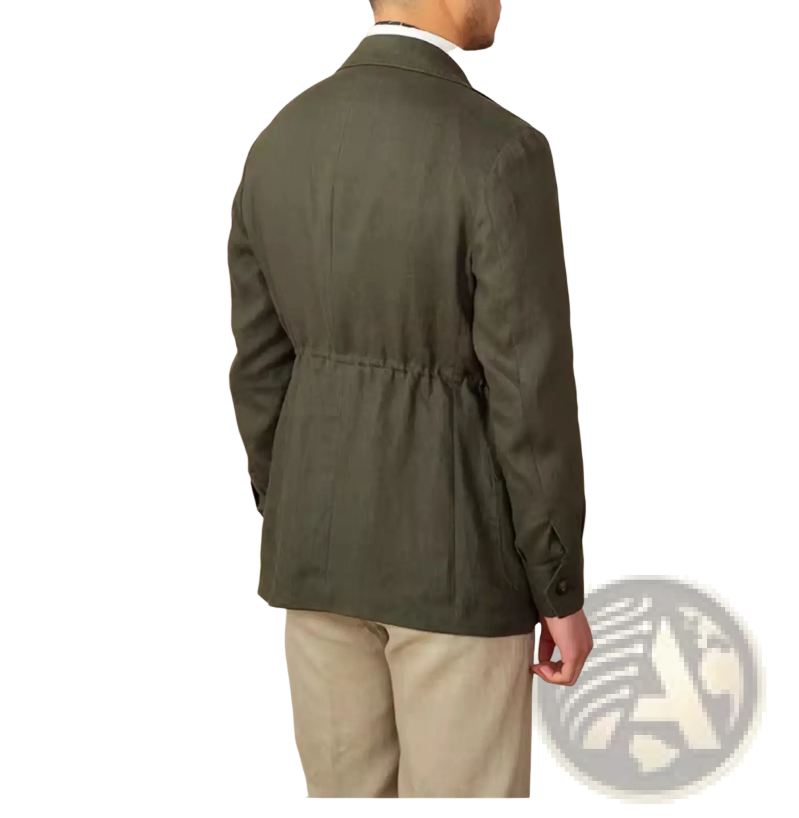 Men retro olive green linen blazer with drawstring waistband casual suit jacket for relaxed formal wear