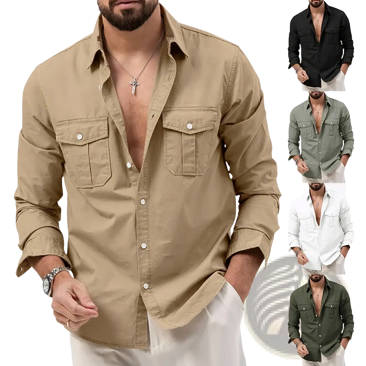 Beige men retro long sleeve casual shirt with button-up front chest pockets and rolled cuffs in soft fabric