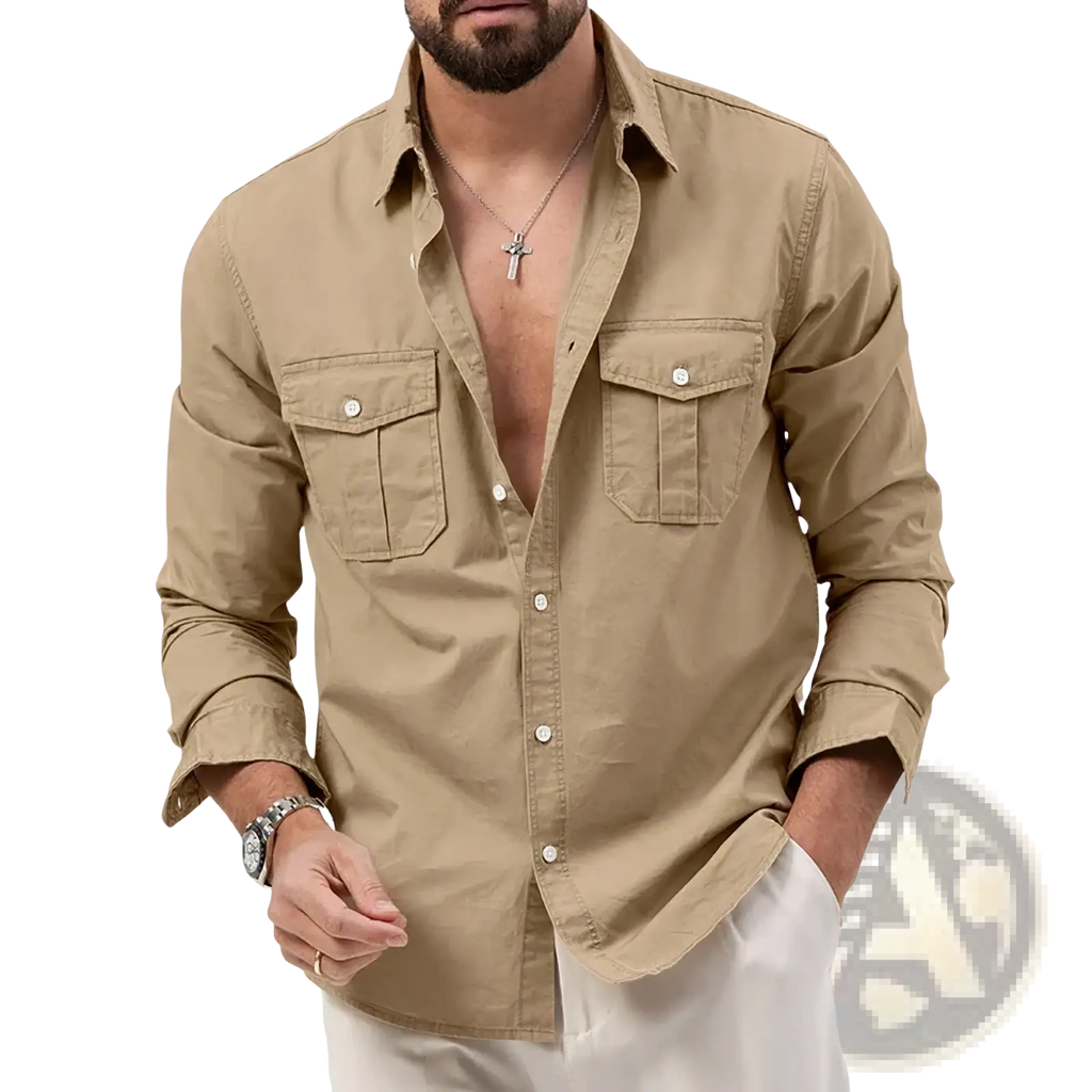 Men retro long sleeve casual shirt in khaki with button-up front, two chest pockets, and rolled cuffs