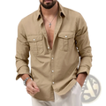 Men retro long sleeve casual shirt in khaki with button-up front, two chest pockets, and rolled cuffs