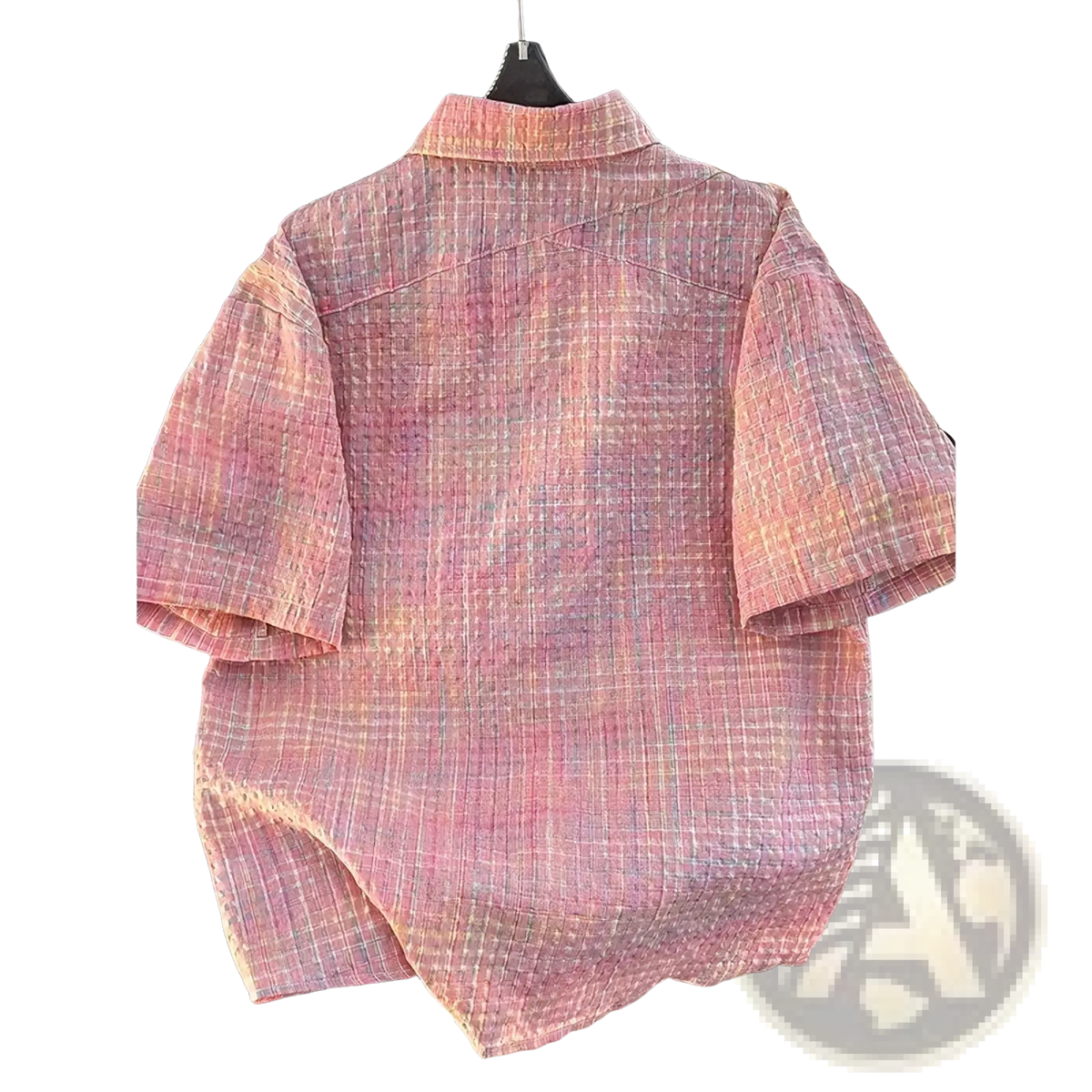 Men retro plaid short sleeve summer shirt in pink and beige cotton hanging on a hanger with a collar visible
