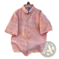 Men retro plaid short sleeve summer shirt in soft pink and beige crafted from lightweight fabric with classic collar