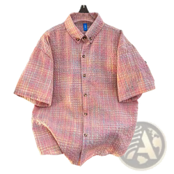 Men retro plaid short sleeve summer shirt in soft pink and beige crafted from lightweight fabric with classic collar