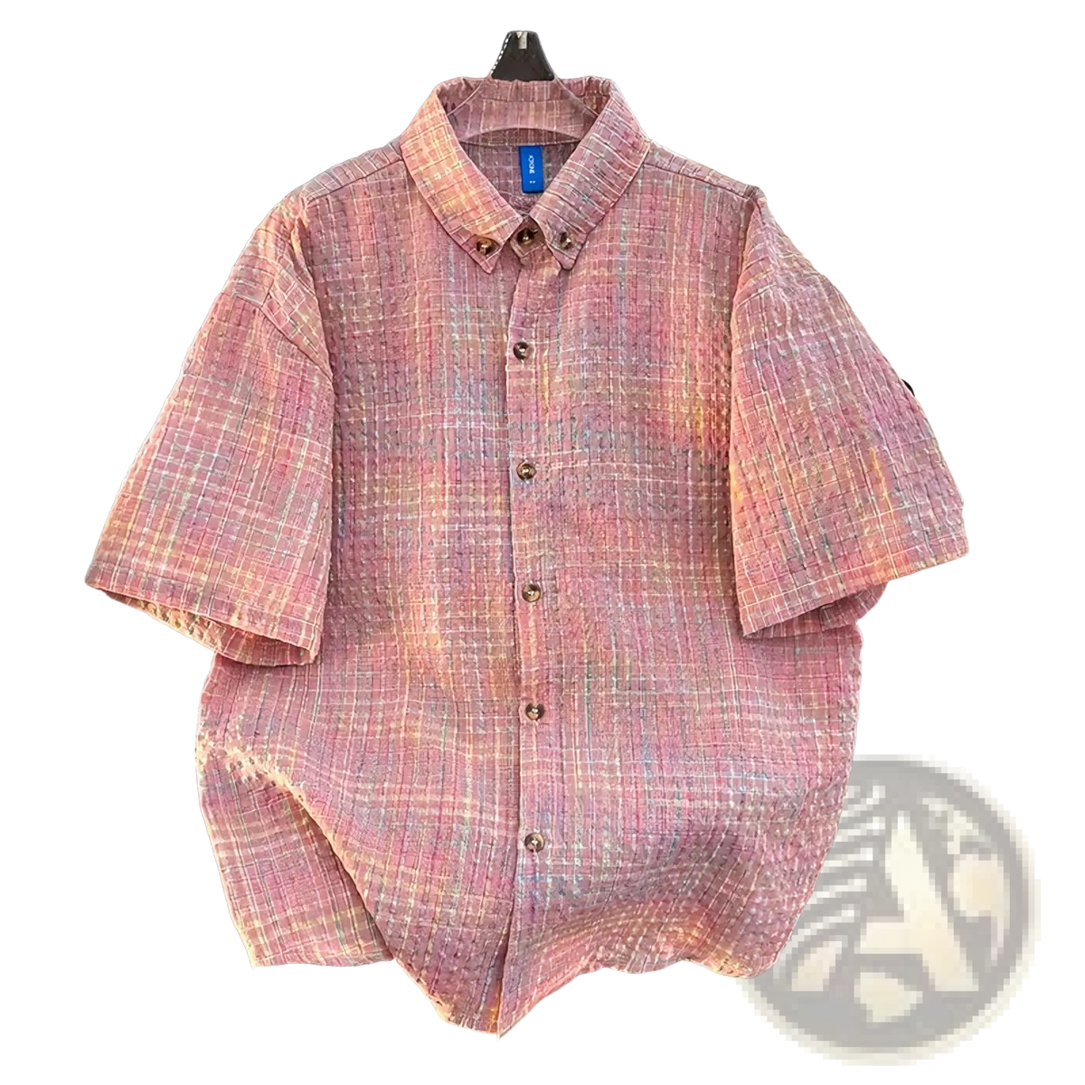 Men retro plaid short sleeve summer shirt in soft pink and beige crafted from lightweight fabric with classic collar