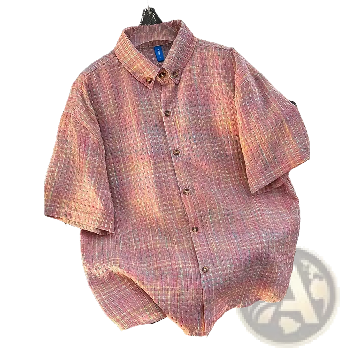 Men retro plaid short sleeve summer shirt in soft pink and peach lightweight textured fabric with subtle color gradients