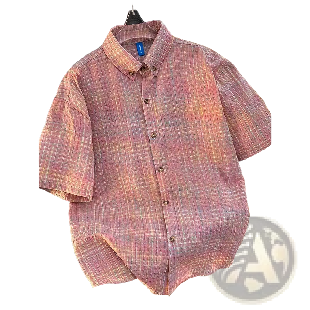 Men retro plaid short sleeve summer shirt in soft pink and beige lightweight textured fabric