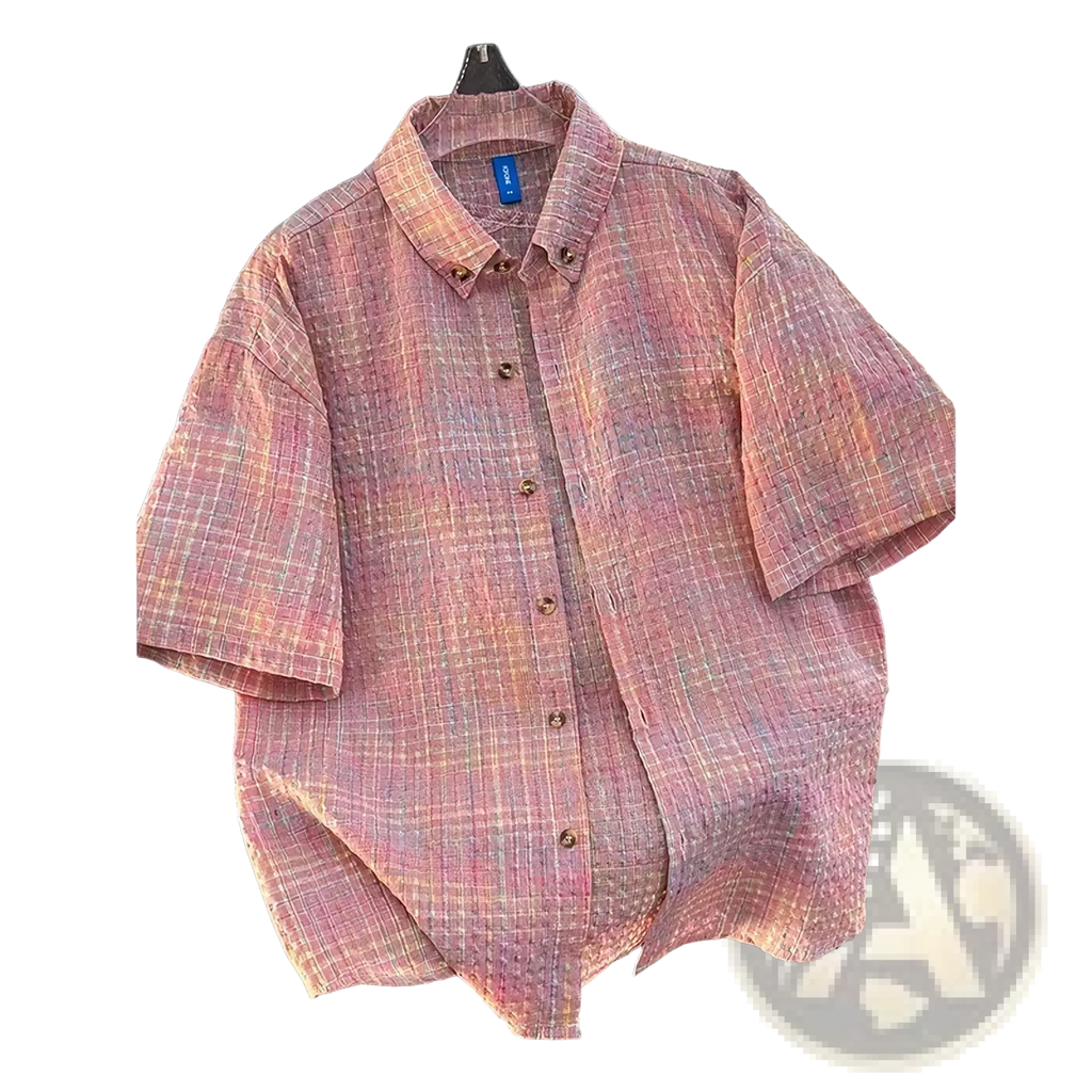 Men retro plaid short sleeve summer shirt in soft pink and beige with a relaxed fit and button-up design