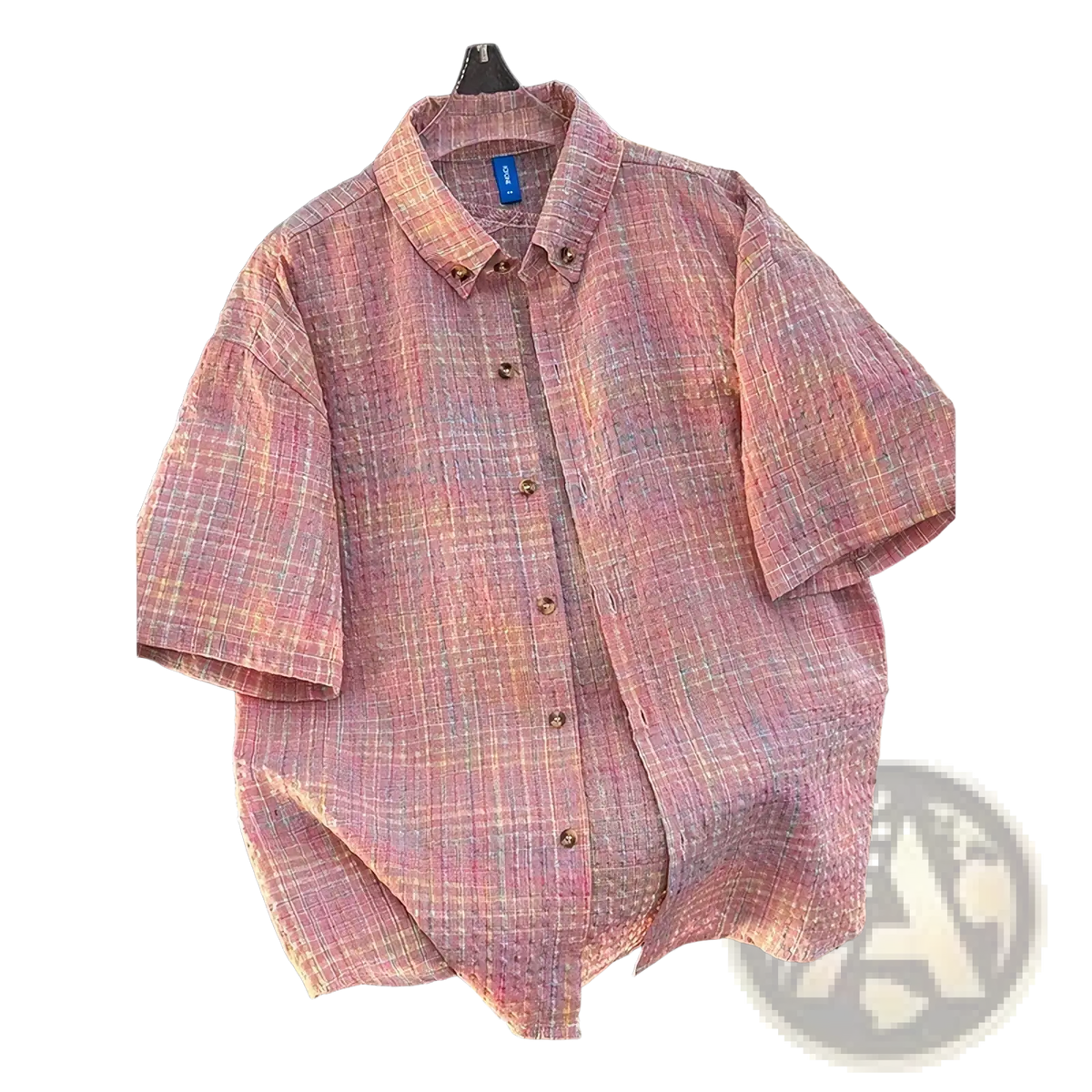 Men retro plaid short sleeve summer shirt in soft pink and beige with a relaxed fit and button-up design