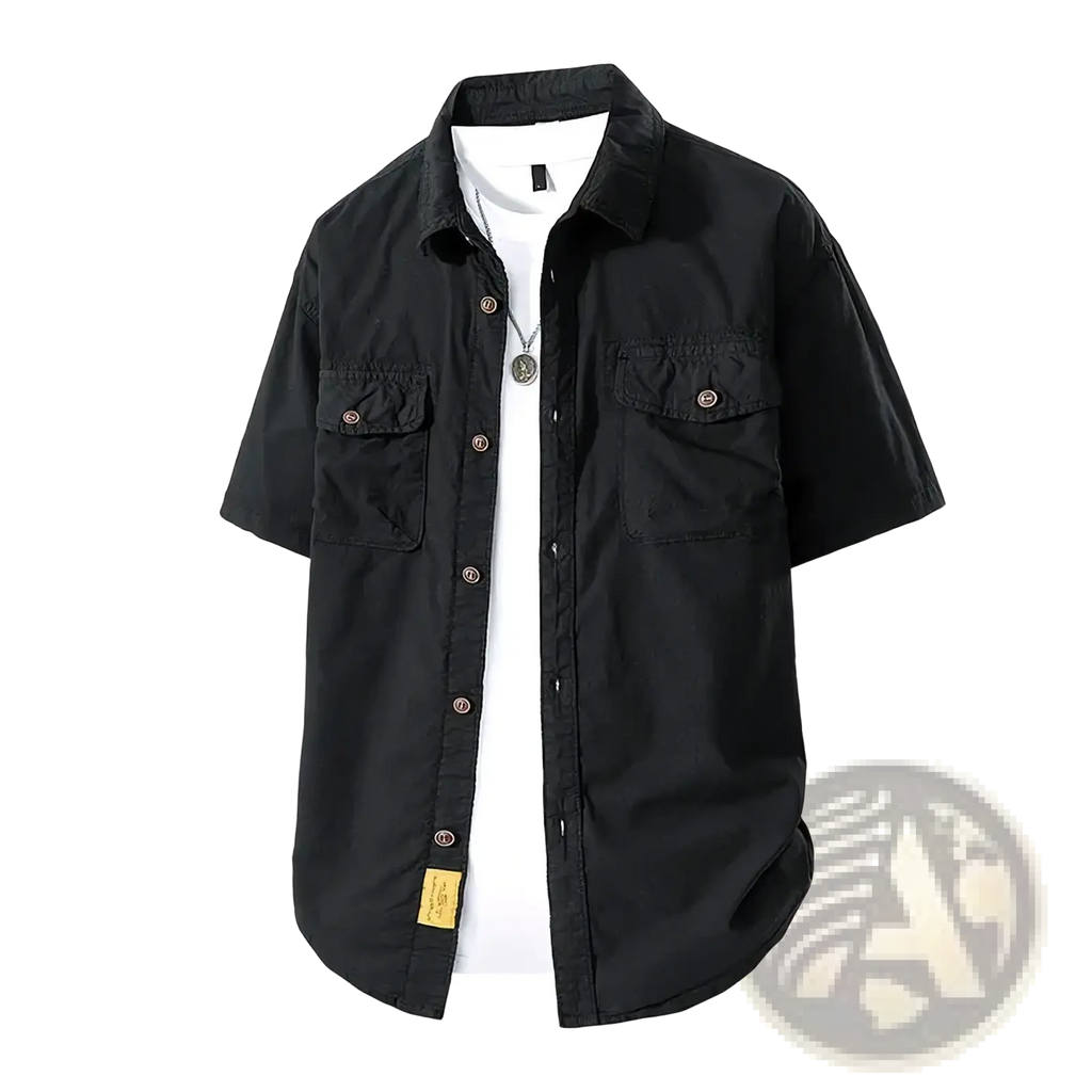 Men retro short sleeve work shirt in black with button-up front two chest pockets and yellow label at hem