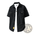 Men retro short sleeve work shirt in black with button-up front two chest pockets and yellow label at hem