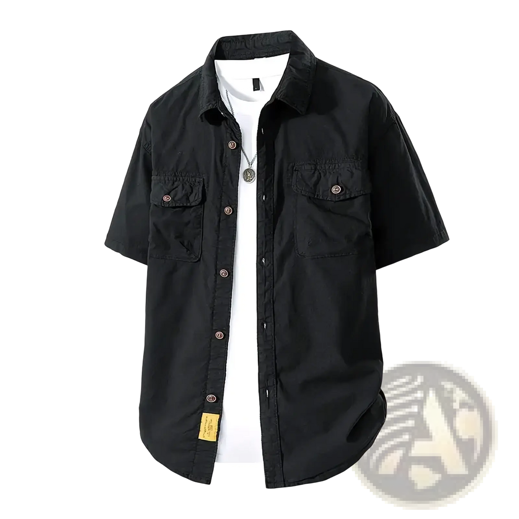 Men retro short sleeve work shirt in black with two chest pockets and a yellow label at the hem