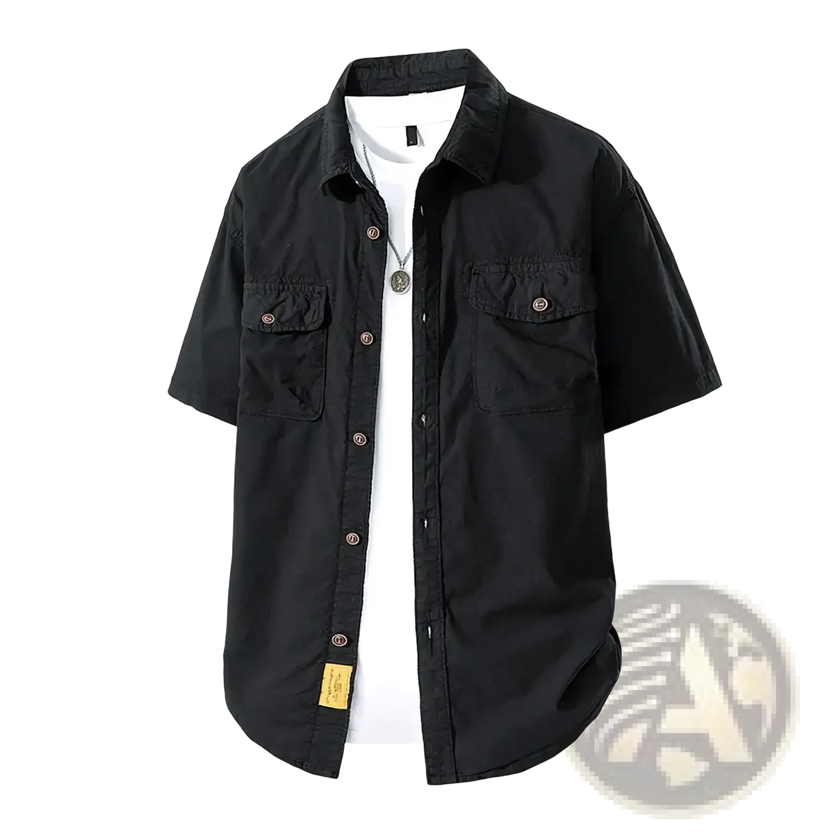 Men retro short sleeve work shirt in black with two chest pockets and a yellow label at the hem