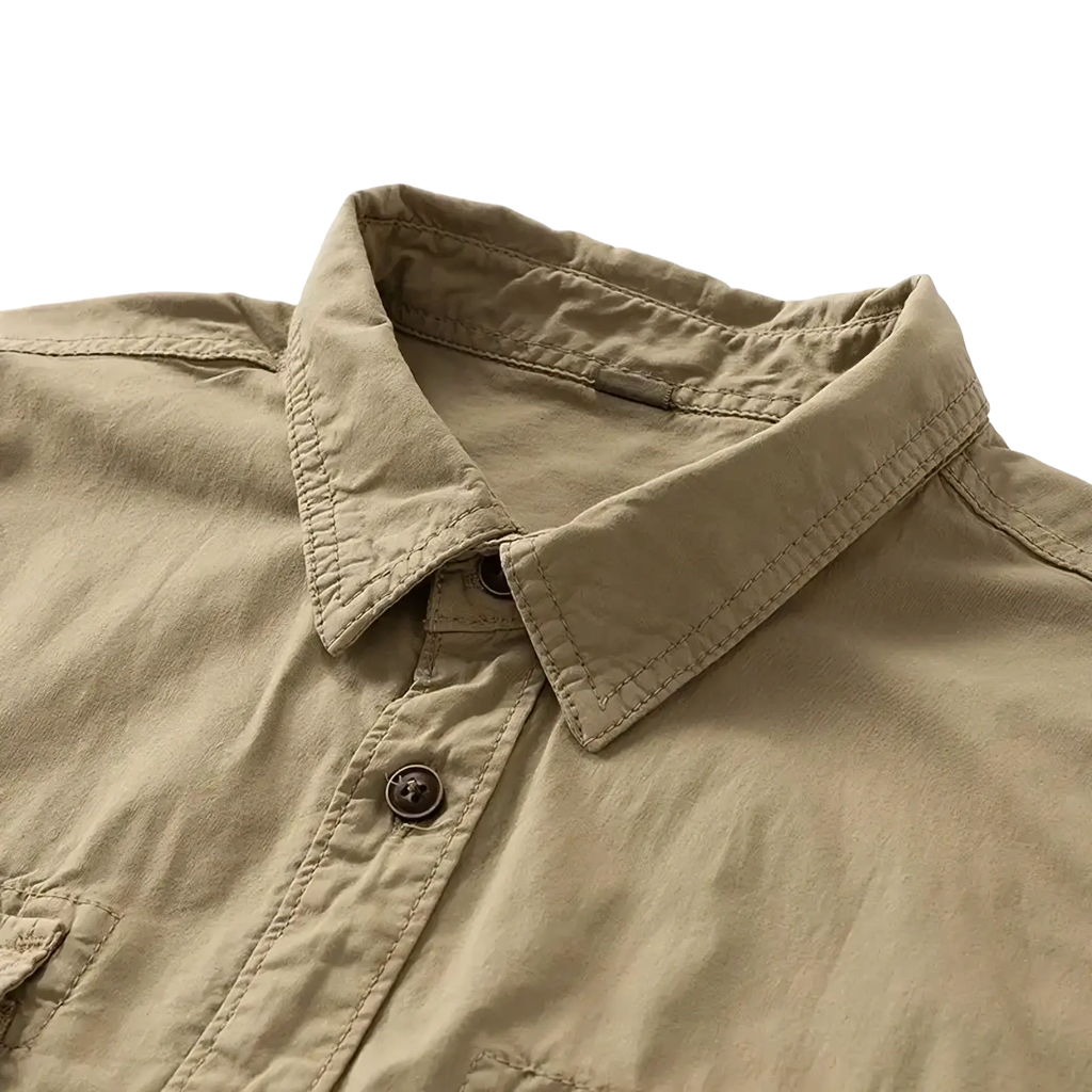 Men retro short sleeve work shirt in khaki with structured collar and dark brown buttons for a classic look