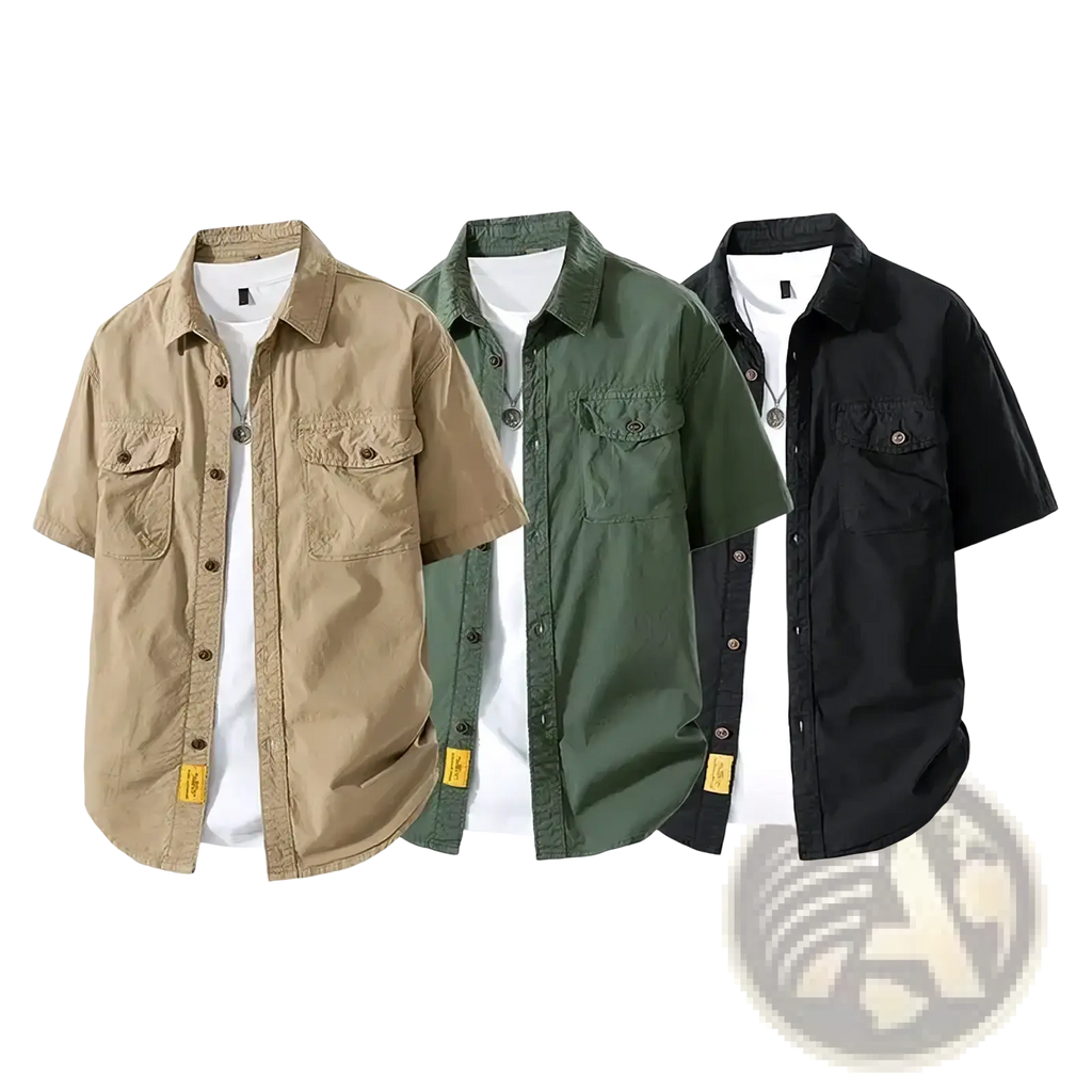 Men retro short sleeve work shirts in beige olive green and black with chest flap pockets and yellow hem labels