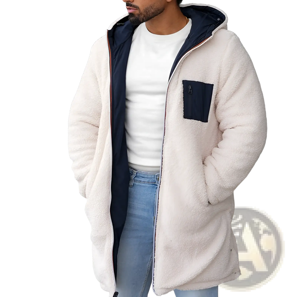 Men reversible shearling winter hooded coat with cream fleece lining navy inner lining and matching pocket visible from front