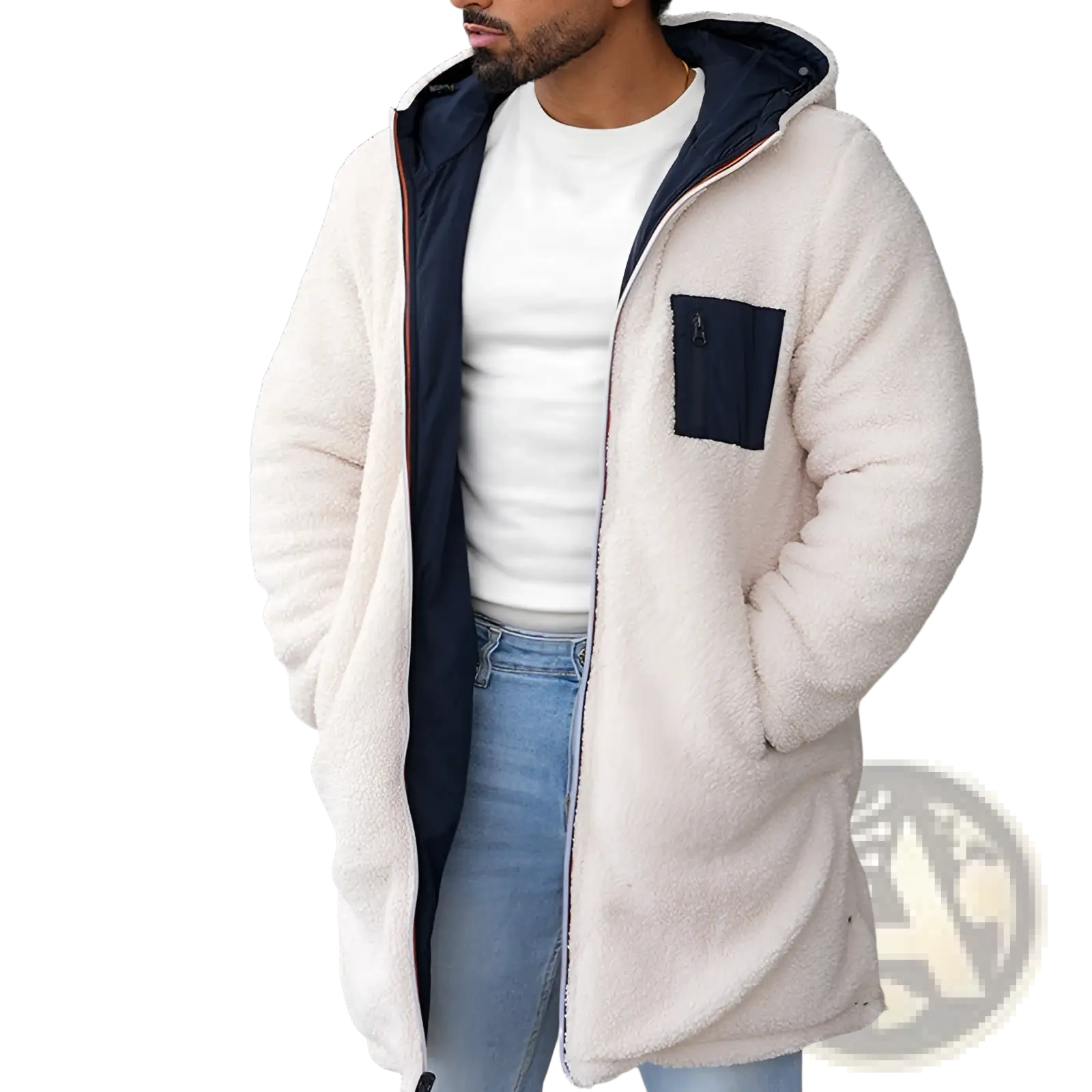 Men reversible shearling winter hooded coat with cream fleece lining navy inner lining and matching pocket visible from front