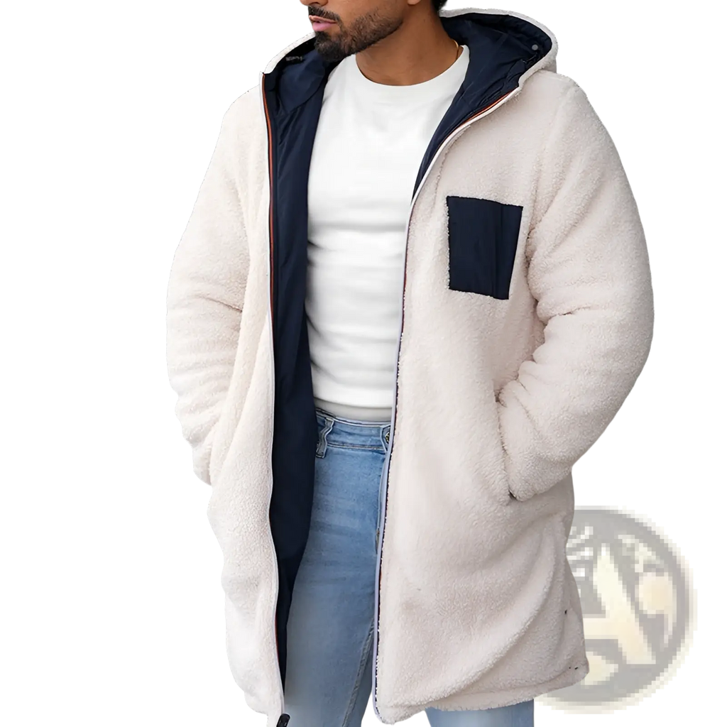 Men reversible shearling winter hooded coat cream fleece lined with navy blue inner lining and matching pocket