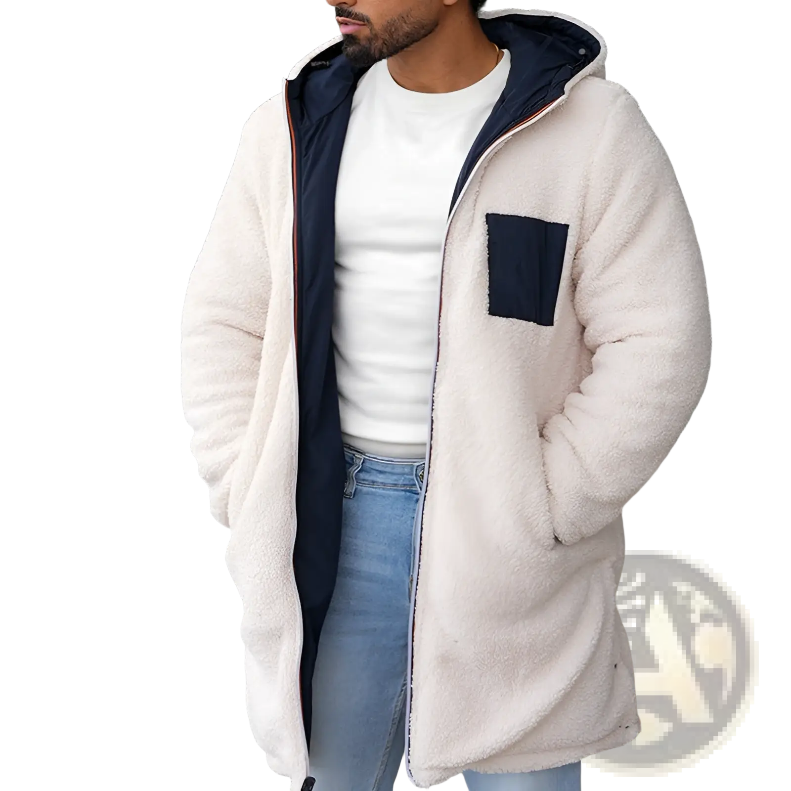 Men reversible shearling winter hooded coat cream fleece lined with navy blue inner lining and matching pocket