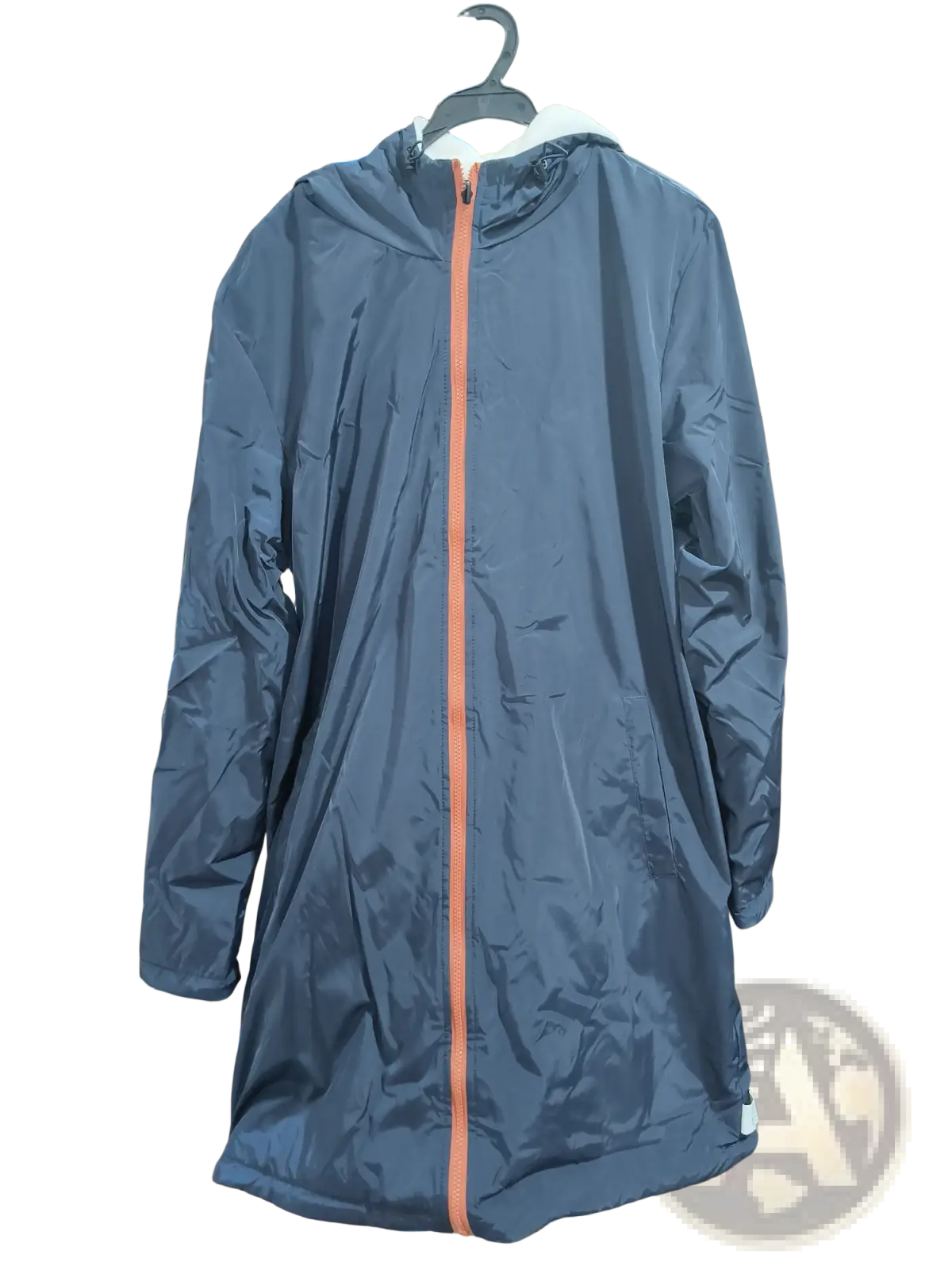 Men reversible shearling winter hooded coat in dark blue with orange zipper and white-lined collar on black hanger