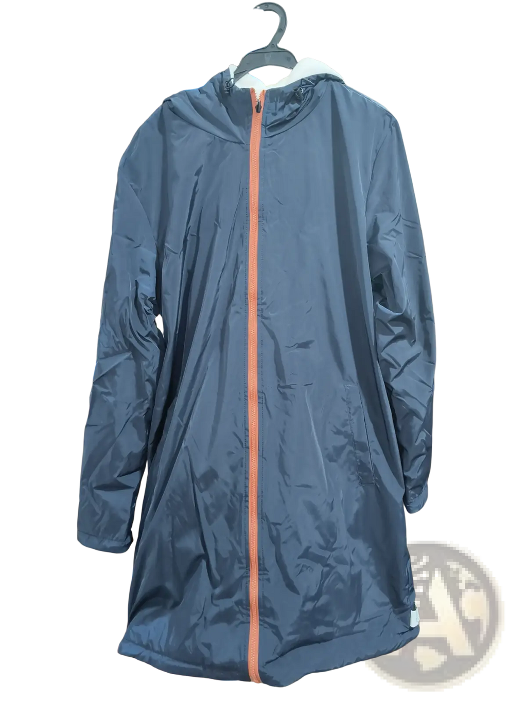Men reversible shearling winter hooded coat in dark blue with orange zipper and white-lined collar on black hanger