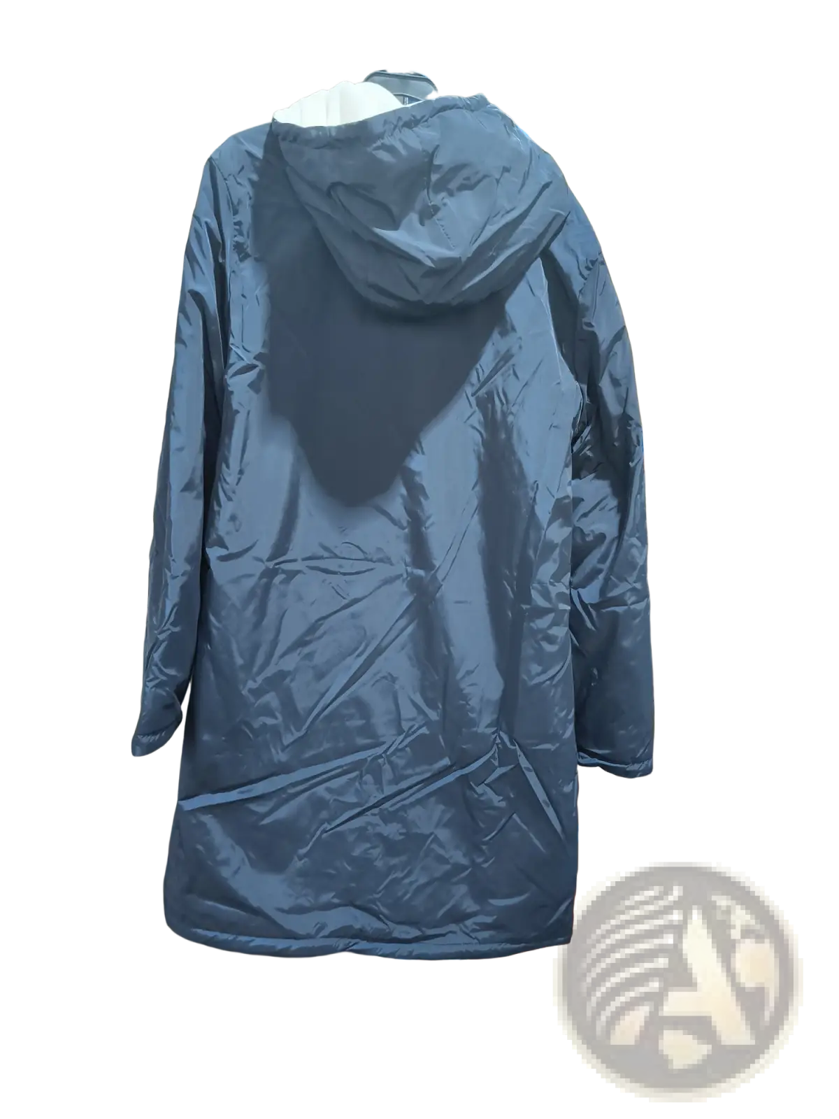 Dark blue quilted reversible shearling puffer coat with hood hanging on rack for men winter wear