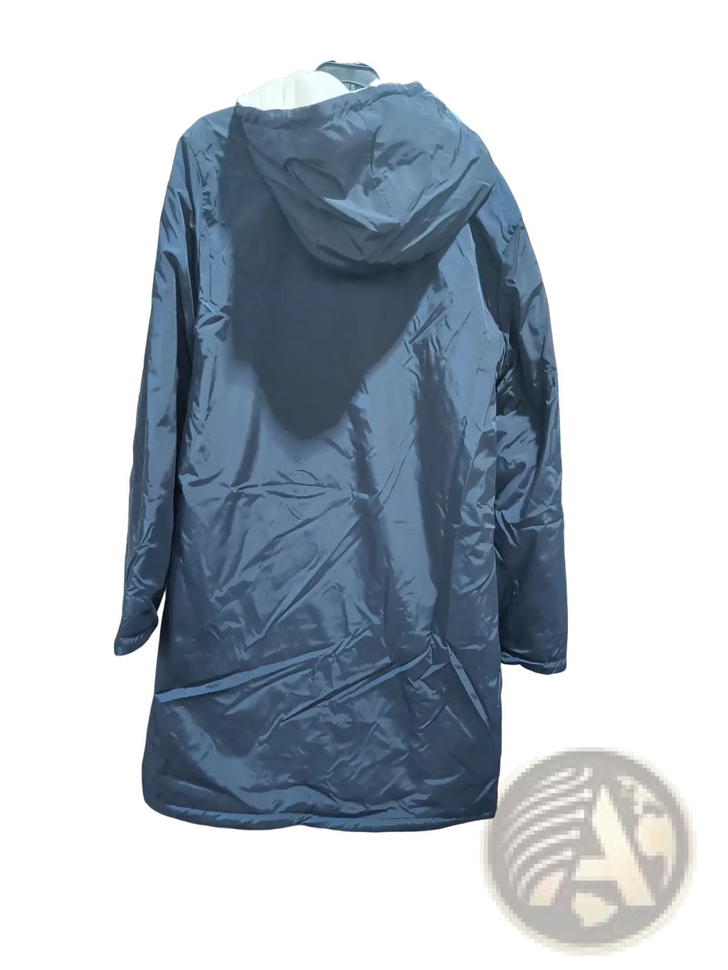 Dark blue quilted reversible shearling puffer coat with hood hanging on rack for men winter wear