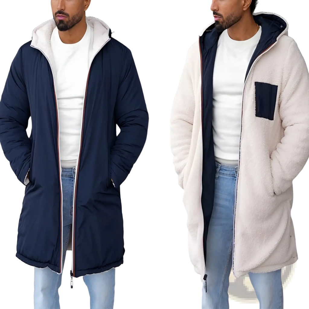 Men reversible shearling winter hooded coat in navy blue and cream fleece with contrasting zipper trim for cold weather