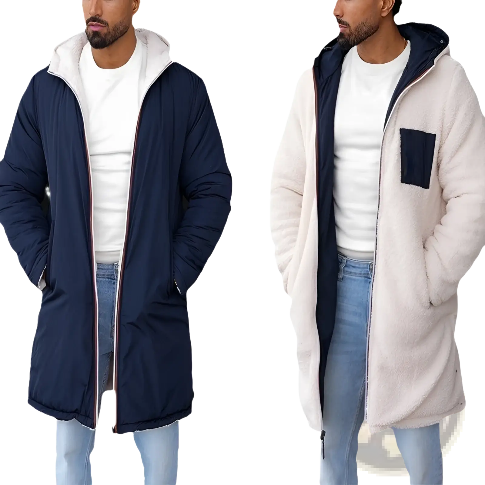 Men reversible shearling winter hooded coat in navy blue and cream fleece with front zipper and contrasting chest pocket