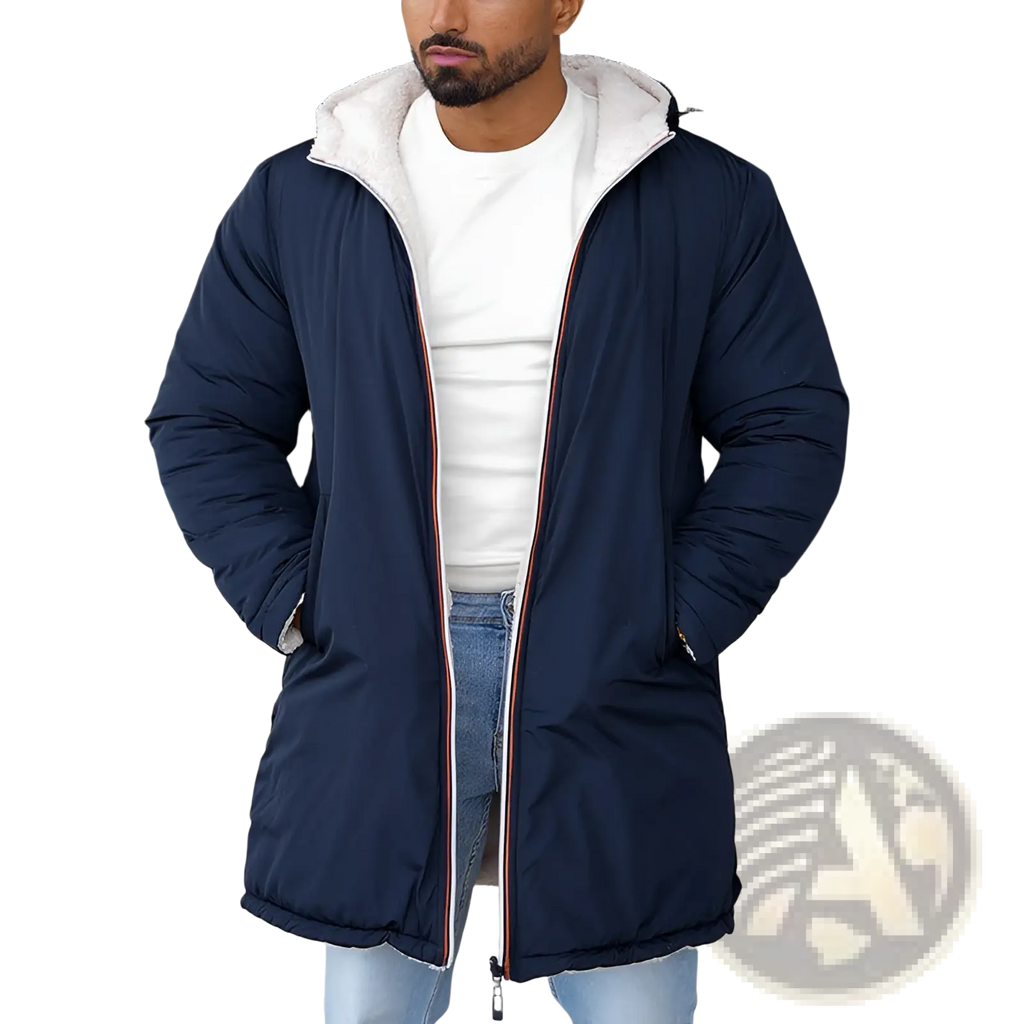 Men reversible shearling winter hooded coat in navy blue puffer style with white fleece hood and red white navy trim