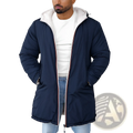 Men reversible shearling winter hooded coat in navy blue puffer style with white fleece hood and red white navy trim