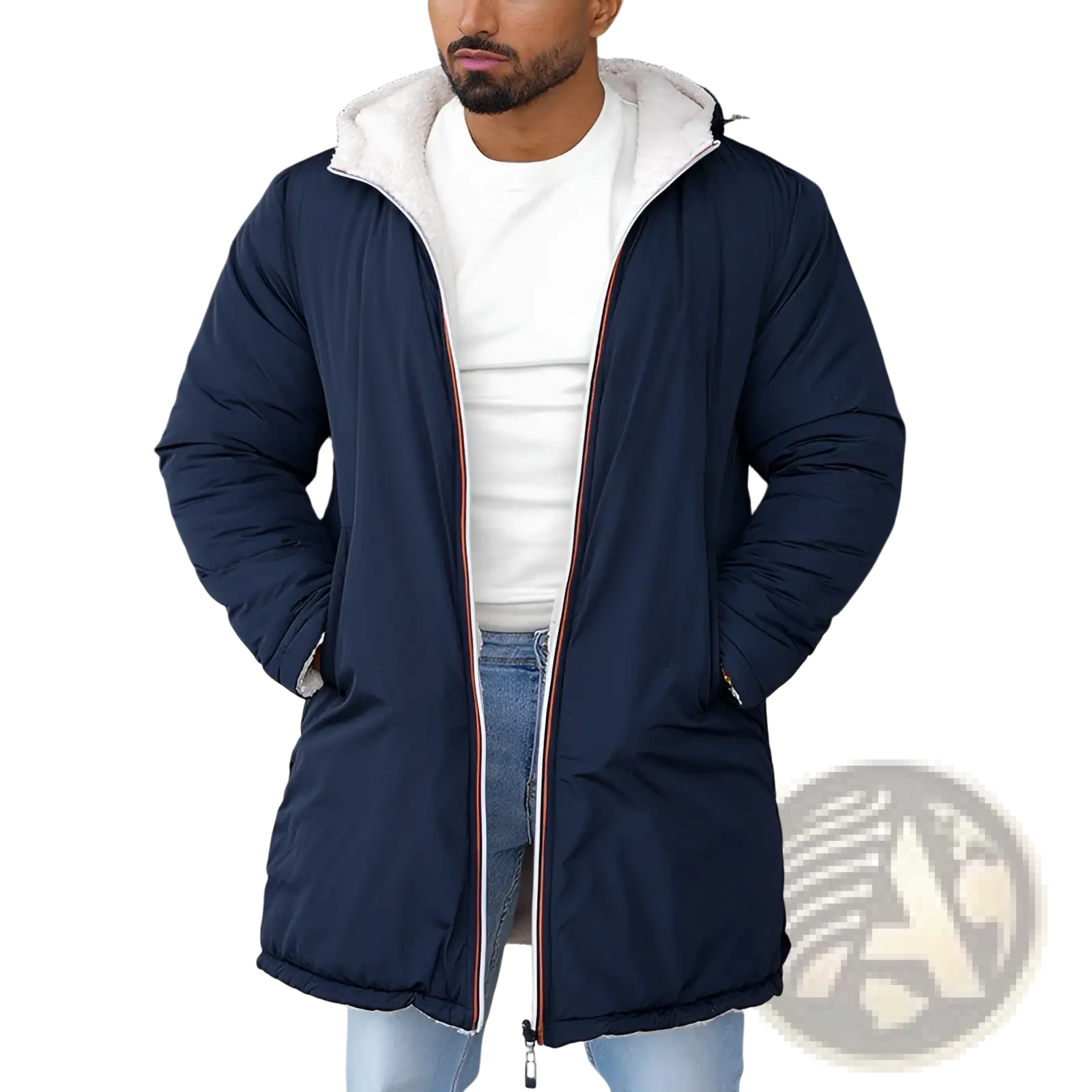 Men reversible shearling winter hooded coat in navy blue puffer style with white fleece hood and red white navy trim