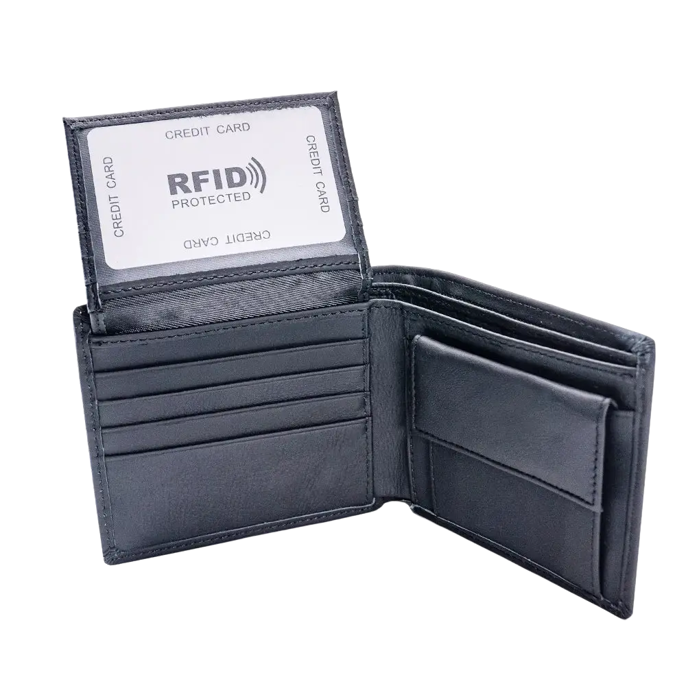 Black leather men rfid leather bifold wallet with coin pocket and multiple interior compartments for secure storage