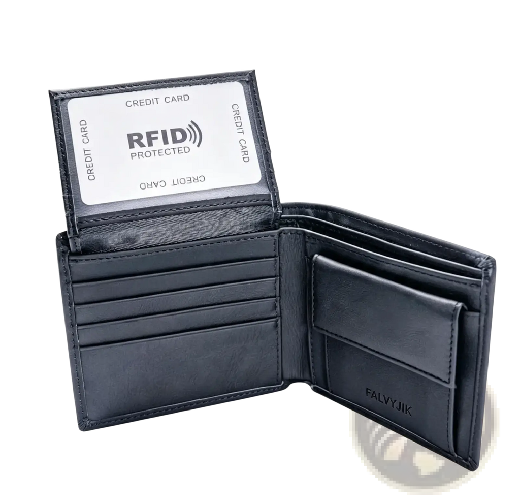 Black leather men rfid bifold wallet with stitched edges and rfid-protected card slot with coin pocket